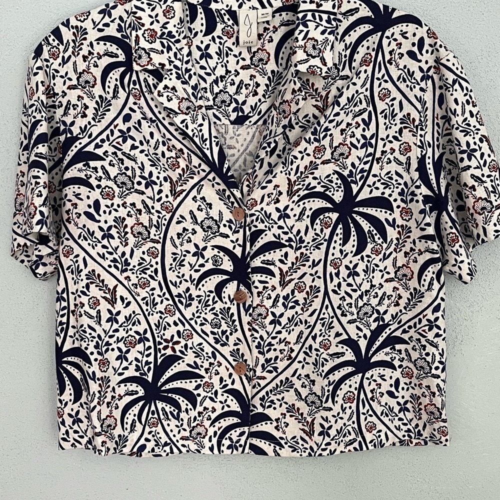 Joie Linen Blend Tropical Short Sleeve Button Up Shirt Summer Hawaiiian Size M